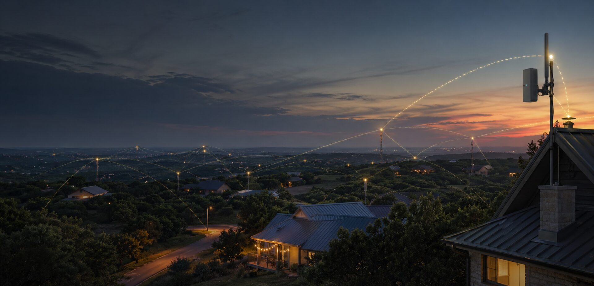 A Central Texas neighborhood connected by subtle mesh radio signal paths.